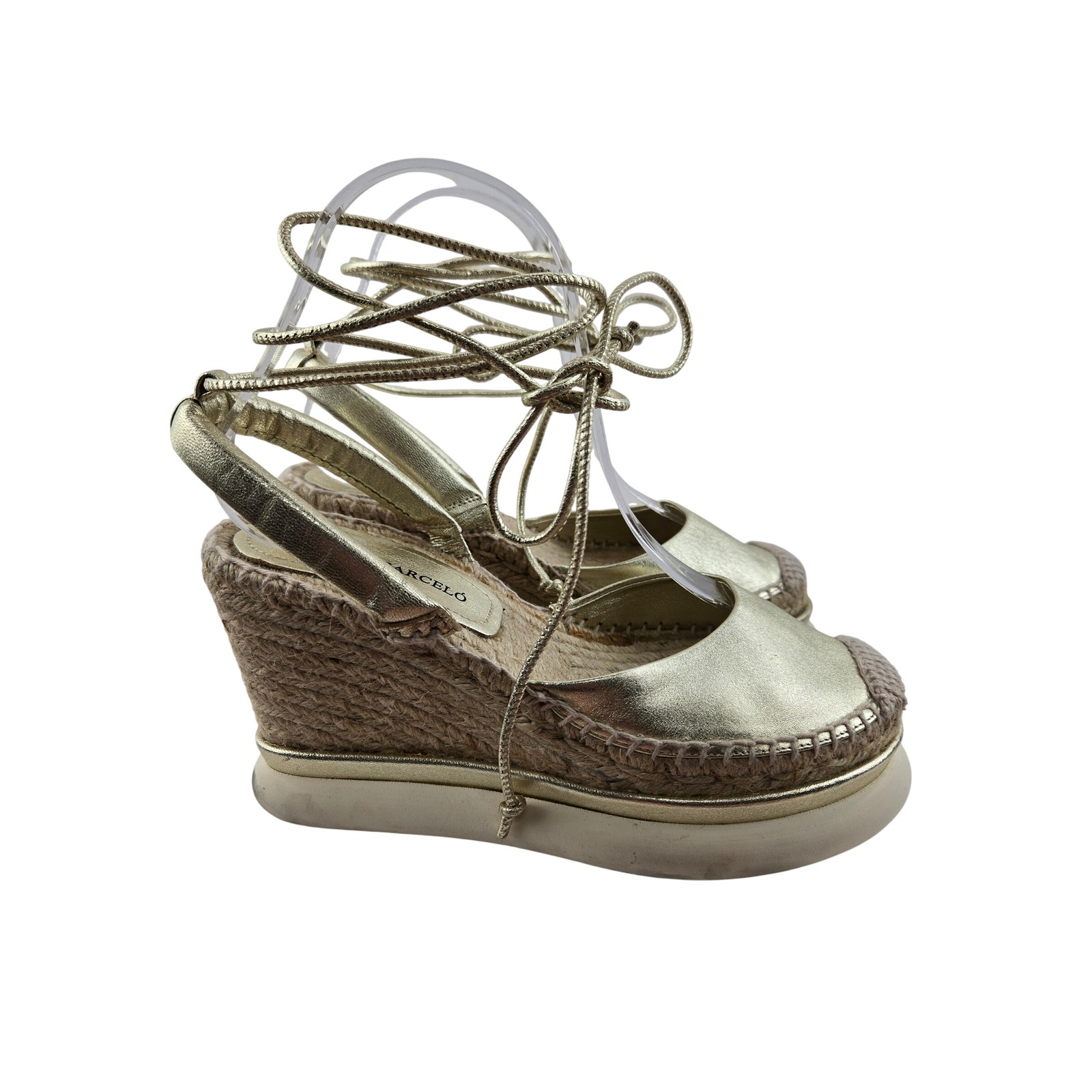 Paloma Barcelo Gold Leather Lace Up Platform Wedge Espadrilles Eu 38 Us 7.5